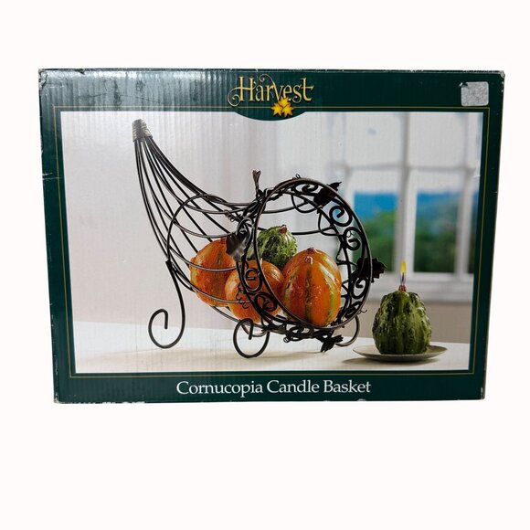 Harvest Cornucopia Candle Centerpiece Rustic Wire Basket Fall Thanksgiving Decor - Picture 3 of 16